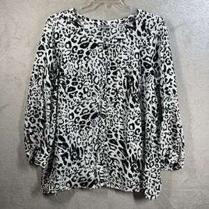 JM Collection Blouse Women Plus 18W Leopard 100% Linen Roll Tab Sleeve Shirt